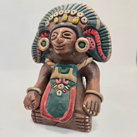 Vintage Mexican Hand Painted Clay Aztec Style Figure Statue 6.5" Folk Art - Picture 9 of 16